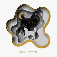 Happy New Year 3d abstract paper cut illustration of dog, tree, snow, moon and stars in the night.