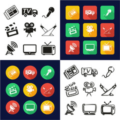 TV Station All in One Icons Black & White Color Flat Design Freehand Set
