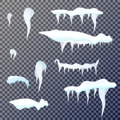 Set of snow icicles isolated on transparent background. Vector illustration