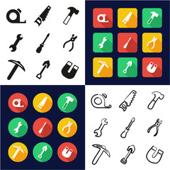 Tools All in One Icons Black & White Color Flat Design Freehand Set