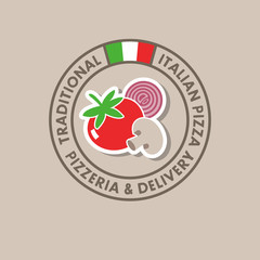 Italian cuisine logo. Emblem of Pizzeria. Tomatoes, onions, mushrooms.