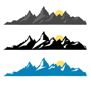 Set of black and white mountain silhouettes.Background border of rocky mountains.Vector illustration.
