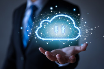 Cloud computing concept - connect devices to cloud. Businessman or information technologist.