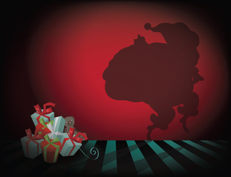 Christmas background with sneaky cartoon Santa Claus shadow tiptoeing away fro stack of gifts. EPS 10 vector illustration.