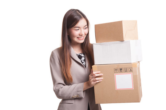 Young Asian working woman with 3  shipping boxes.
