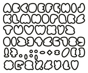 Fat Bubble Outline Simple Freehand Vector Font with Uppercase Letters, Numbers & Signs