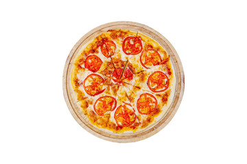 Pizza margarita on a wooden stand with tomato slices isolated on a white background. Top view