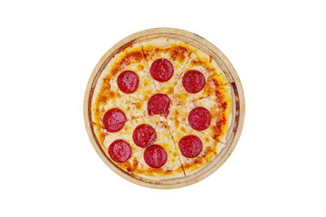 Classic pepperoni pizzai on a wooden stand isolated on a white background. Top view