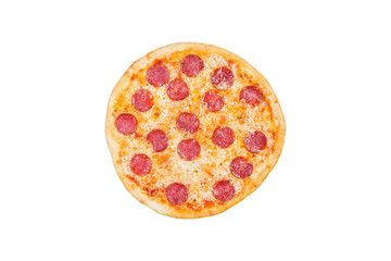 Fresh classic pepperoni pizzai isolated on a white background. Top view