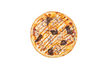 Fototapeta na wymiar Delicious pizza with mushrooms chicken meat and onions isolated on a white background. Top view