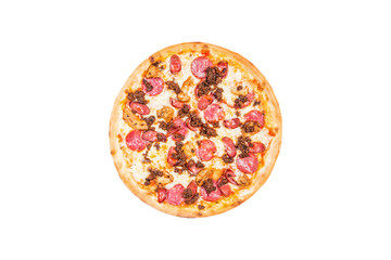 Delicious pizza meat mix with smoked sausage, chicken, minced meat, and pepperoni isolated on a white background.