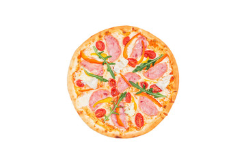 Delicious pizza with ham, sweet pepper, rucola, tomatoes and iceberg lettuce isolated on a white background. Top view