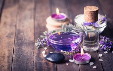 Fototapeta na wymiar Spa set with lavender aromatherapy oil