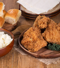 Crispy Fried Chicken on a Wooden Plate
