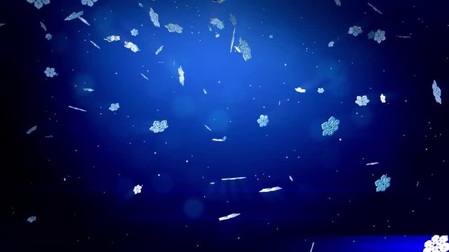 beautiful 3d snowflakes flying in air at night on a blue background. Use as animated Christmas, New Year card or winter theme or background with large snowflakes, lens flare, bokeh. Snowflake V7