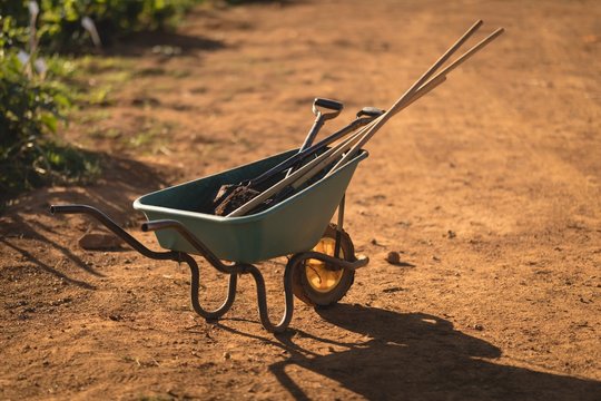 Work tools in wheelbarrow