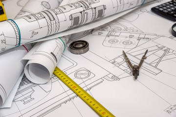 The engineering drawing with work tools