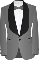 Grey and black suit with white shirt and grey bow tie. vector illustration