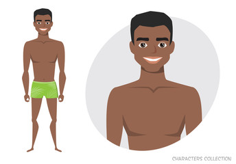 Stylish young black african american man in a beach swimming trunks.