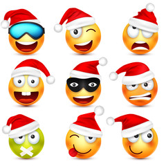 Smiley,emoticon set. Yellow face with emotions and Christmas hat. New Year, Santa.Winter emoji. Sad,happy,angry faces.Funny cartoon character.Mood. Vector.