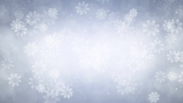 New Year background. Snowflakes and sparkles are slowly flying. Computer generated seamless loop abstract animation.