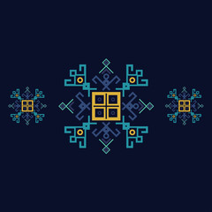 Dark blue and yellow ethnic design with traditional tribal motifs of crooked lines, triangles, squares, circles. Mayan symbol ethnic geometric pattern decor. Embroidery style winter clothes ornament.