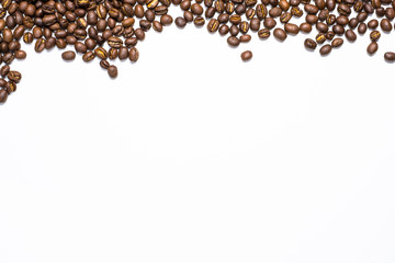 Flay lay style, Medium dark Roasted peaberry coffee beans isolated on white background with copy...