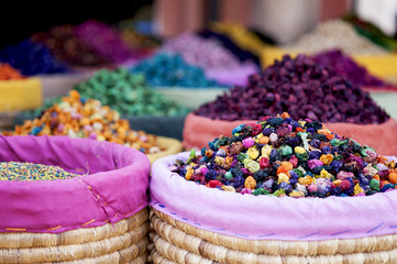 Multicolored dried flowers, used for soaps and perfumes as well as coloring, dyes and as an ingredient in foods, on sale in the souks of Marrakesh's medina area in Morocco.