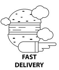 hamburger flies in the clouds, fast delivery, jet food, vector image, black and white icon,outline style