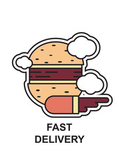 hamburger flies in the clouds, fast delivery, jet food, vector image, colored icon,outline style