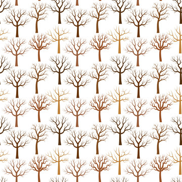 Vector pattern with bare tree in brown color on white background