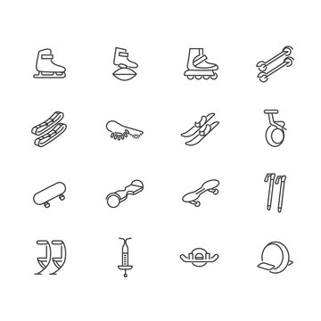 Individual sports devices as line icons / Devices for walking, jumping and rolling
