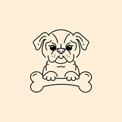 Vector cartoon pug, Pug-dog with a bone, Bulldog line thin icon. Cute puppy