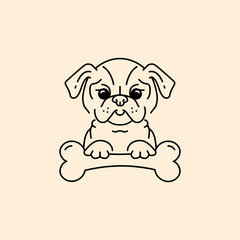 Vector cartoon pug, Pug-dog with a bone, Bulldog line thin icon. Cute puppy