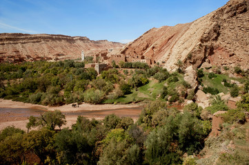 The Berber village and white mosque of Achahoud lies in the green oasis of a river valley surrounded by the arid desert landscape of the Atlas Mountains in Morocco.