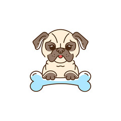 Сartoon pug, Cute Dog with a bone. Bulldog, pug-dog line thin icon, Vector colorful flat illustration