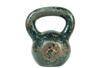 Naklejka na ściany i meble Old black rusty and heavy kettlebell placed on the center isolated on white background