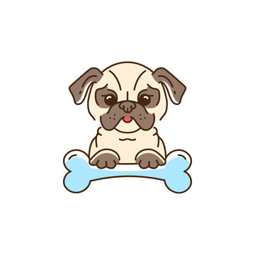 Сartoon pug, Cute Dog with a bone. Bulldog, pug-dog line thin icon, Vector colorful flat illustration