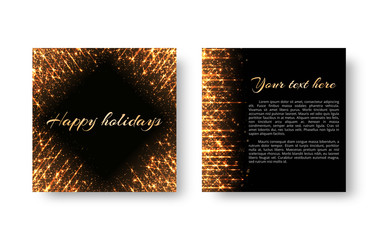 New Year background for design of cards with golden shiny sparks and yellow rays on a dark backdrop.
