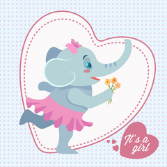 Beautiful hand drawn illustration with a baby girl elephant holding a bouquet of flowers in a background with hearts. Can be used for posters, baby shower, party invitation, child illustration