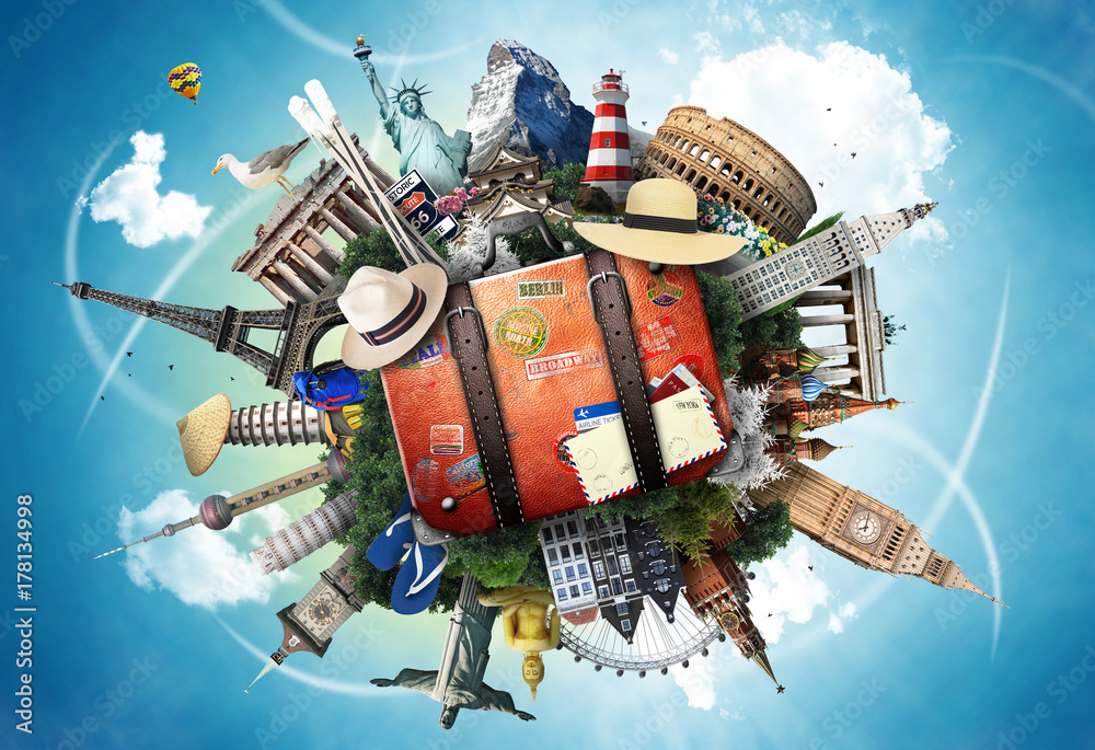 Wall mural travel, world landmarks on the background of blue sky