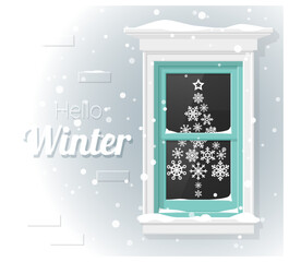 Hello winter background with window painting , vector , illustration