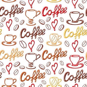 Fototapeta Vector seamless pattern with coffee beans and cups on a white background