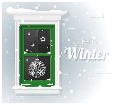 Hello winter background with window painting , vector , illustration
