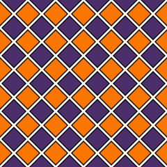 Seamless pattern in Halloween traditional colors. Repeated diamonds background. Checkerboard wallpaper.