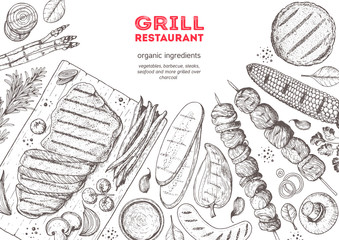 Grilled meat and vegetables top view frame. Vector illustration. Engraved design. Hand drawn illustration. Grill restaurant menu design template. Food on the grill.