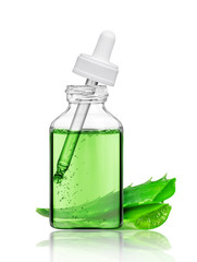 Cosmetic bottle with aloe vera stems, isolated on white background