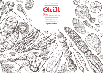 Grilled meat and vegetables top view frame. Vector illustration. Engraved design. Hand drawn illustration. Grill restaurant menu design template. Food on the grill.
