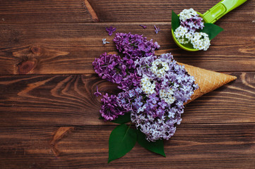 Obraz na płótnie Canvas Ice cream waffle cone with lilac flowers and spoon