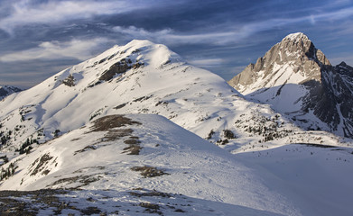 Snowy Winter Mountain Landscape on great snowshoeing trail above Burstall Pass in Kananaskis Country near Banff National Park in Canadian Rockies